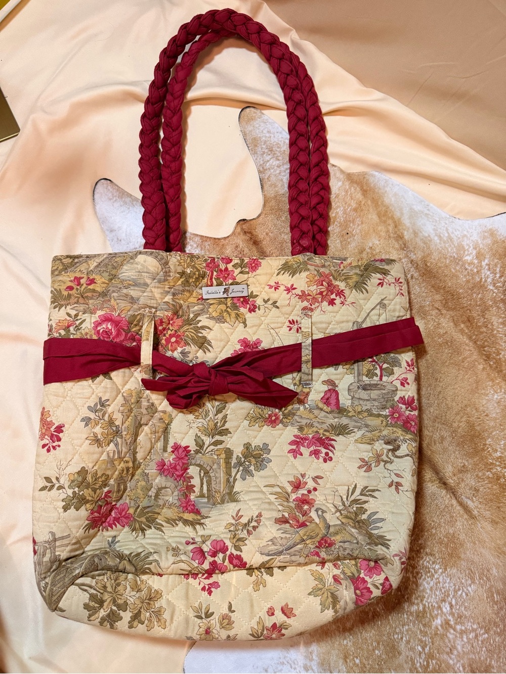Isabella’s Journey  Quilted Tote with Burgundy Braided Handles